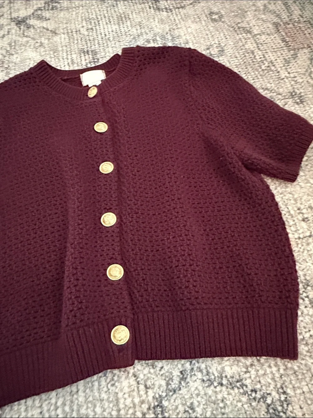 H&M Short-Sleeve Textured Knit Cardigan in Burgundy with Gold Buttons